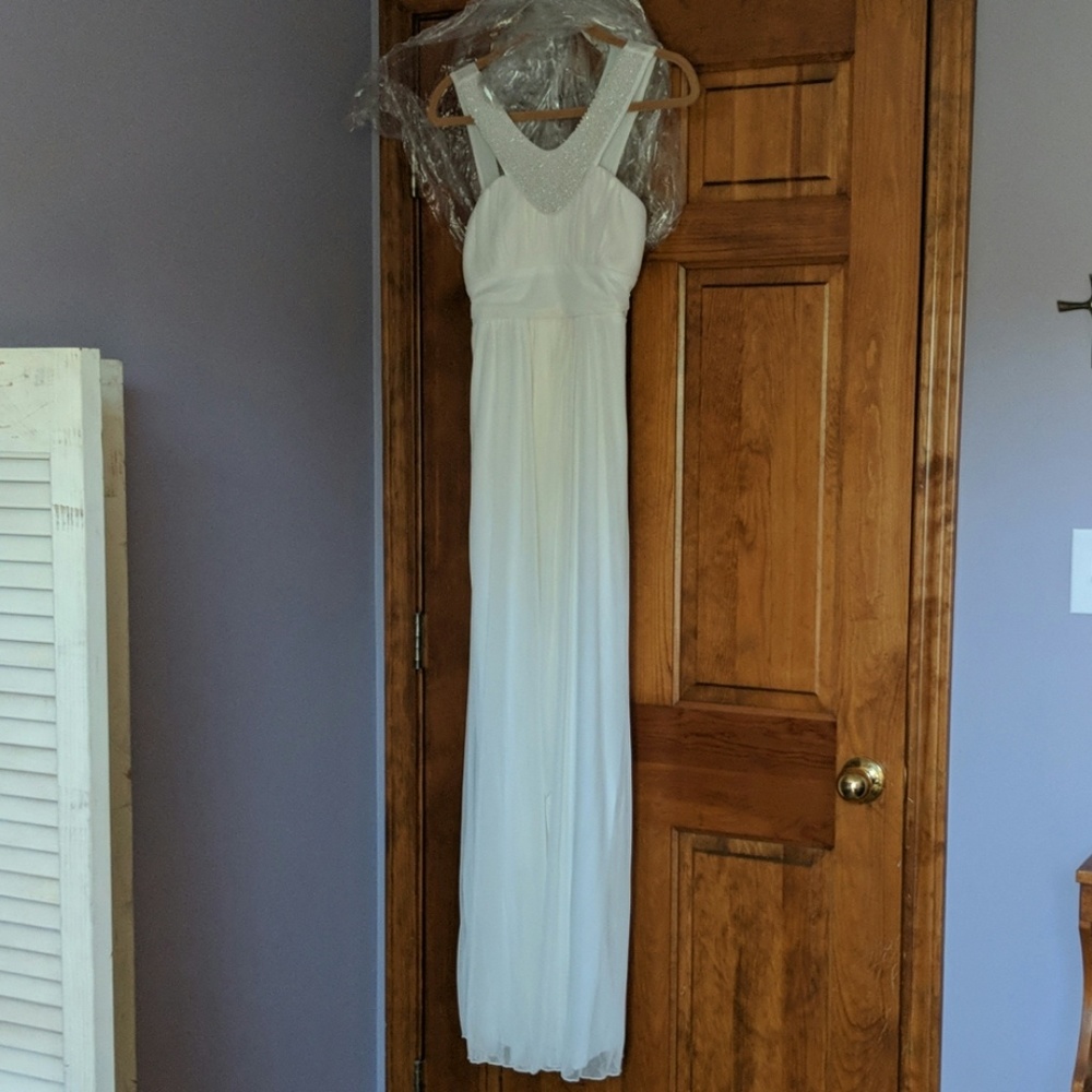 Trixxi White Beaded Neckline Chiffon Long Gown